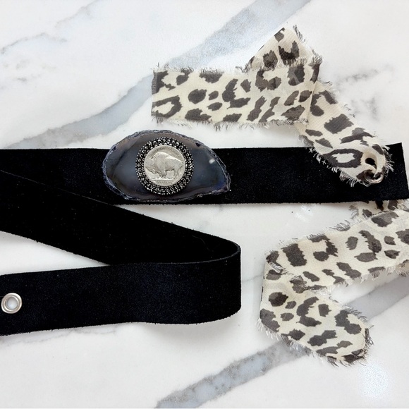 Accessories - Black Italian Suede, Agate Crystal Hat Band with rhinestone buffalo coin